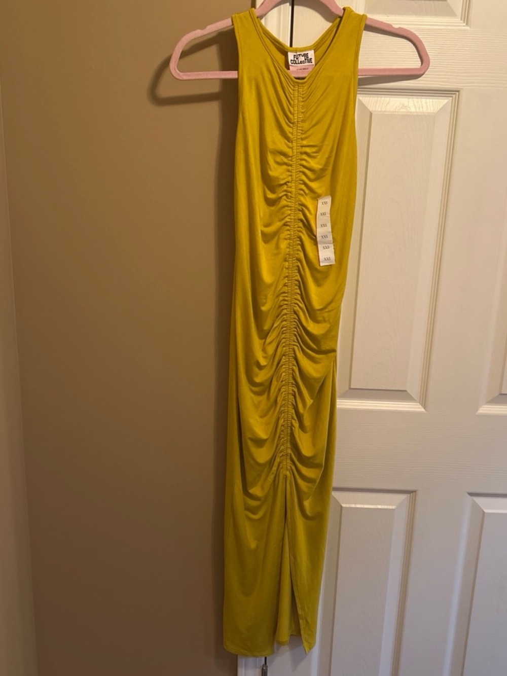 Future Collective Ruched Tank Cut Out Back Maxi Dress in Mustard Yellow